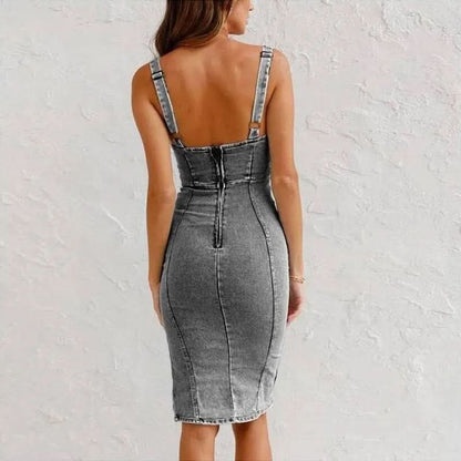 Back view of charcoal gray denim midi dress with adjustable straps