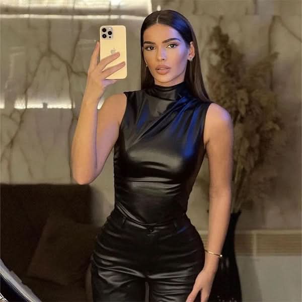 Black faux-leather sleeveless mock-neck tank top with fitted ruched waist for women