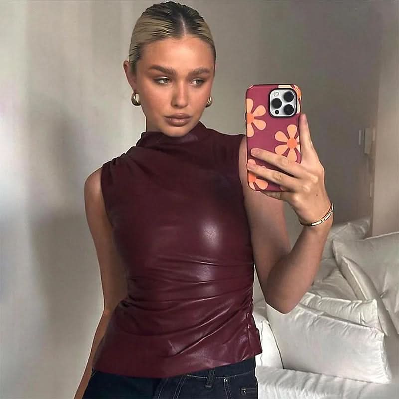 Burgundy faux-leather mock-neck sleeveless tank with ruched waist detail for women