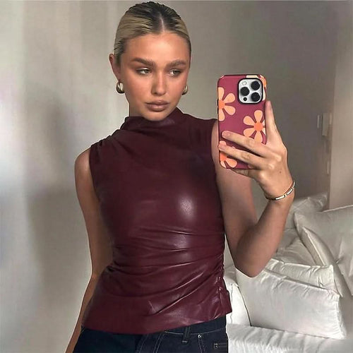 Burgundy faux-leather mock-neck sleeveless tank with ruched waist detail for women