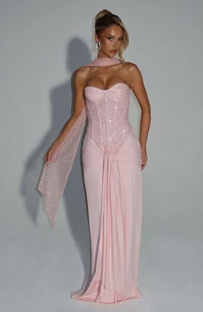 Pink beaded sweetheart maxi gown with flowing skirt and matching shawl