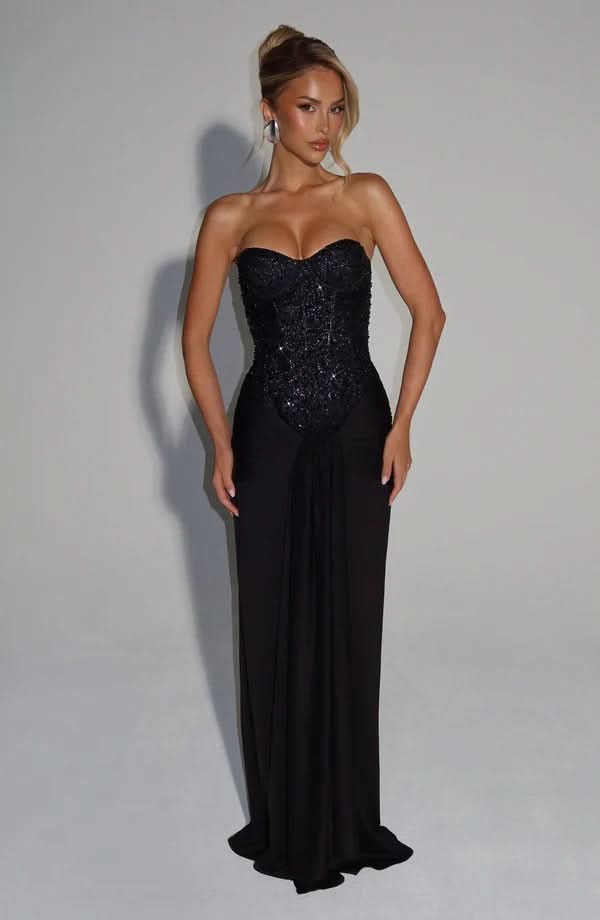 White beaded strapless maxi dress with sweetheart neckline and pleated skirt
