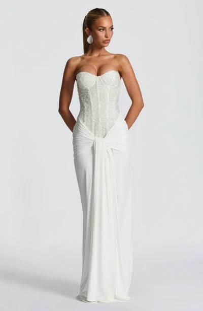 Ivory beaded sweetheart strapless maxi dress with pleated skirt