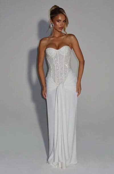 Cream sequin sweetheart strapless maxi gown with floor-length train