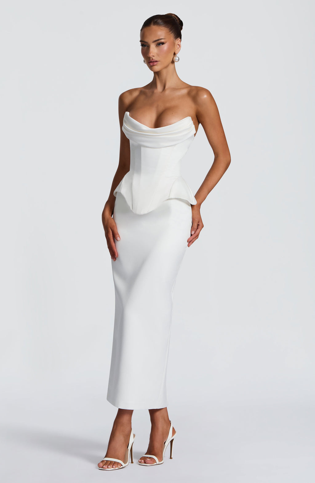 CAROLENA | SATIN PENCIL MIDI SKIRT - Ivory