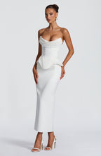 CAROLENA | SATIN PENCIL MIDI SKIRT - Ivory