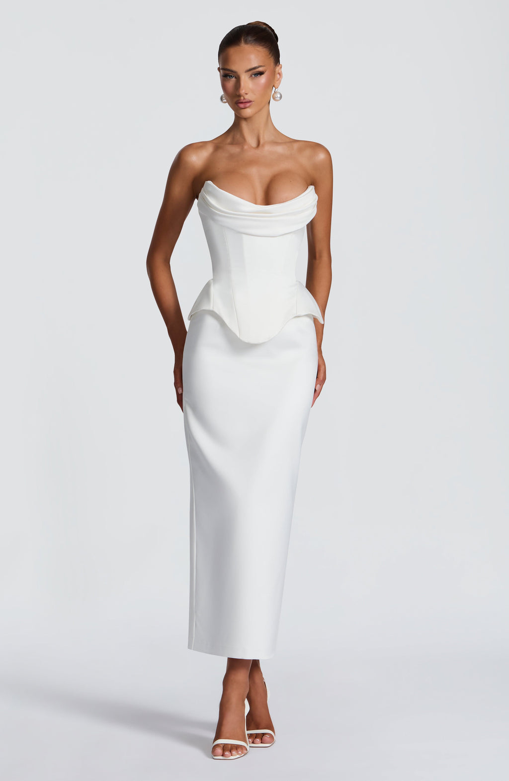 CAROLENA | SATIN PENCIL MIDI SKIRT - Ivory