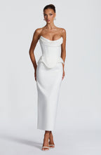 CAROLENA | SATIN PENCIL MIDI SKIRT - Ivory