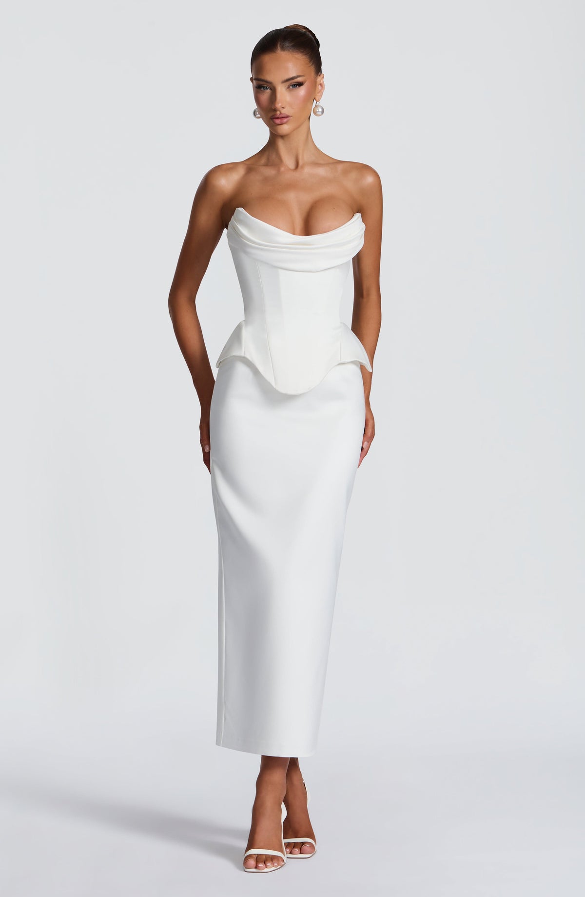 CAROLENA | SATIN PENCIL MIDI SKIRT - Ivory