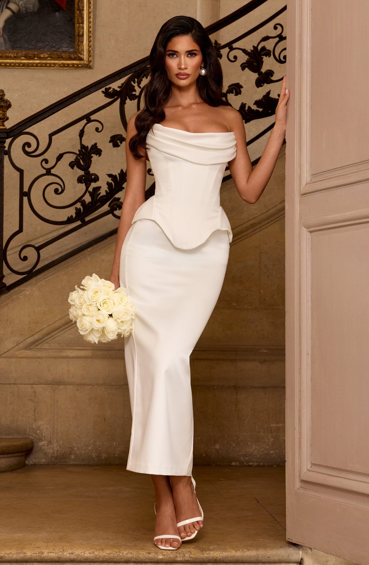 CAROLENA | SATIN PENCIL MIDI SKIRT - Ivory