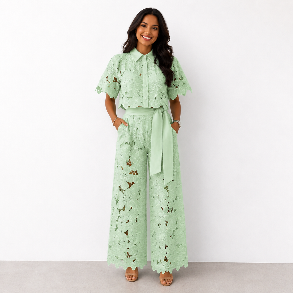 CASILDA | SCALLOPED LACE WIDE LEG SET - Mint Green