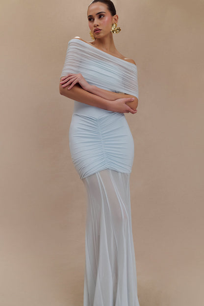 Light blue off-shoulder maxi dress with ruched bodice and sheer pleated skirt detail