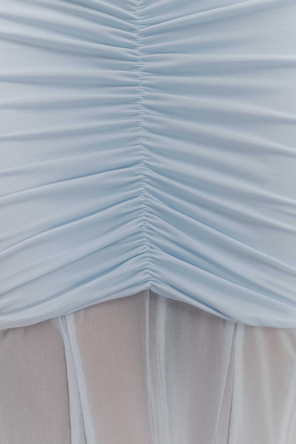 Light blue ruched off-shoulder maxi dress fabric detail close-up