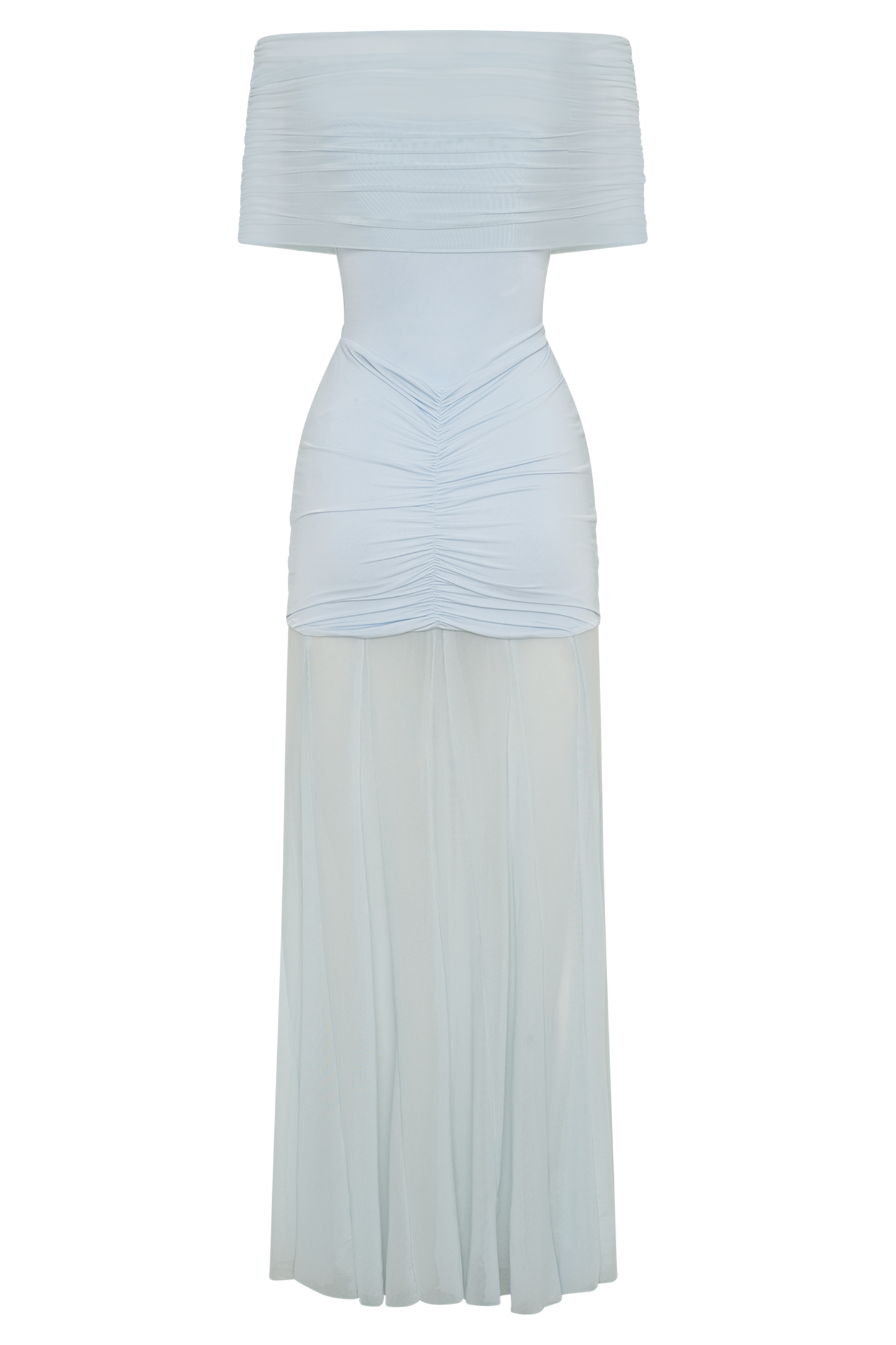 Light blue off-shoulder maxi dress with ruched bodice and flowing skirt