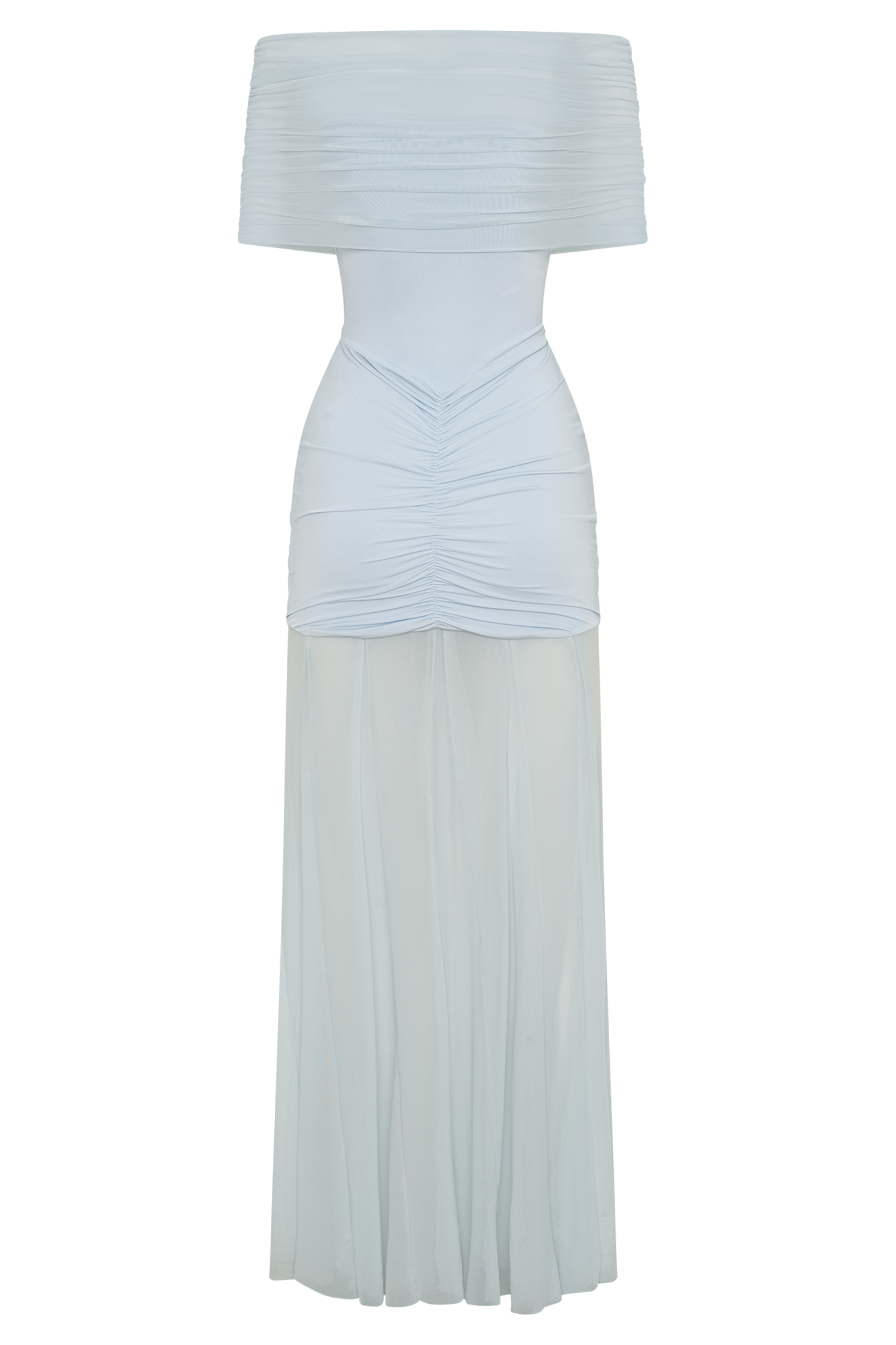 Light blue off-shoulder maxi dress with ruched bodice and flowing skirt