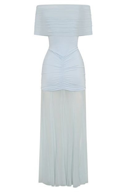 Light blue off-shoulder maxi dress with ruched bodice and flowing skirt