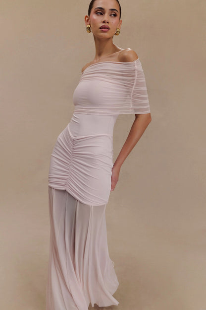 Blush pink off-shoulder maxi dress with draped bodice and pleated skirt