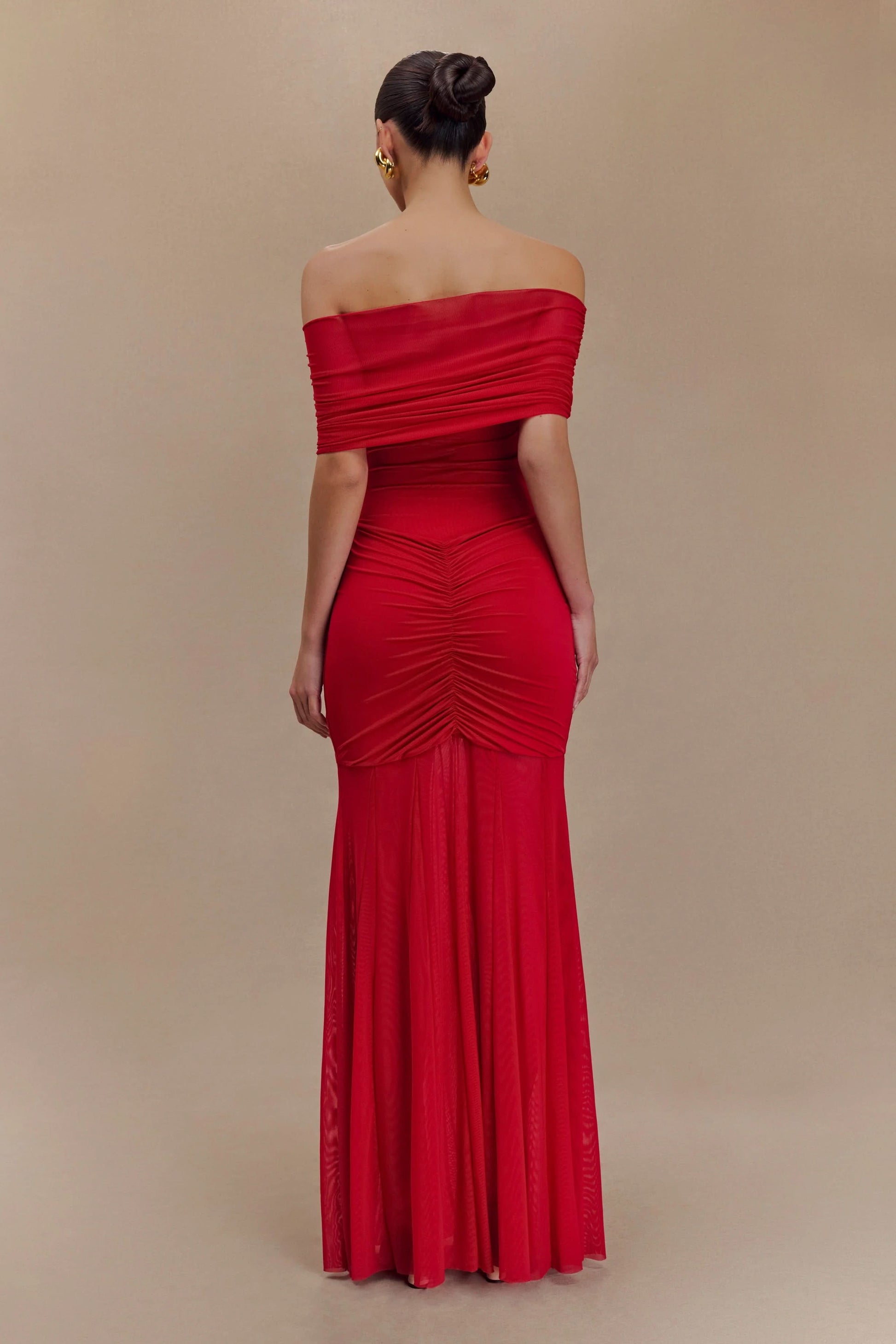 Red off-shoulder maxi dress back view with ruched detailing