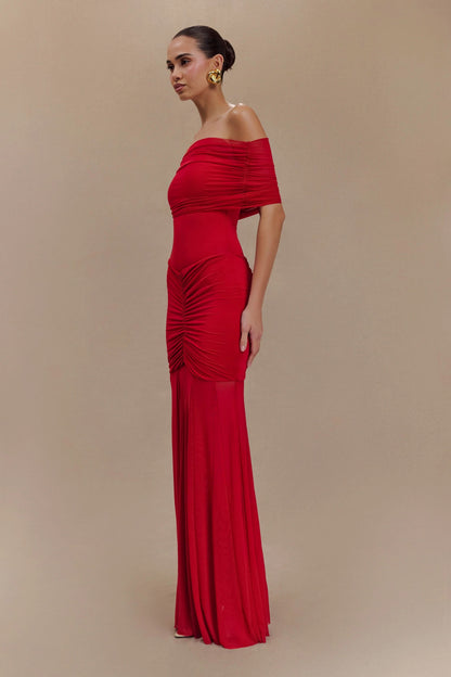 Red ruched off-shoulder maxi dress side profile on model