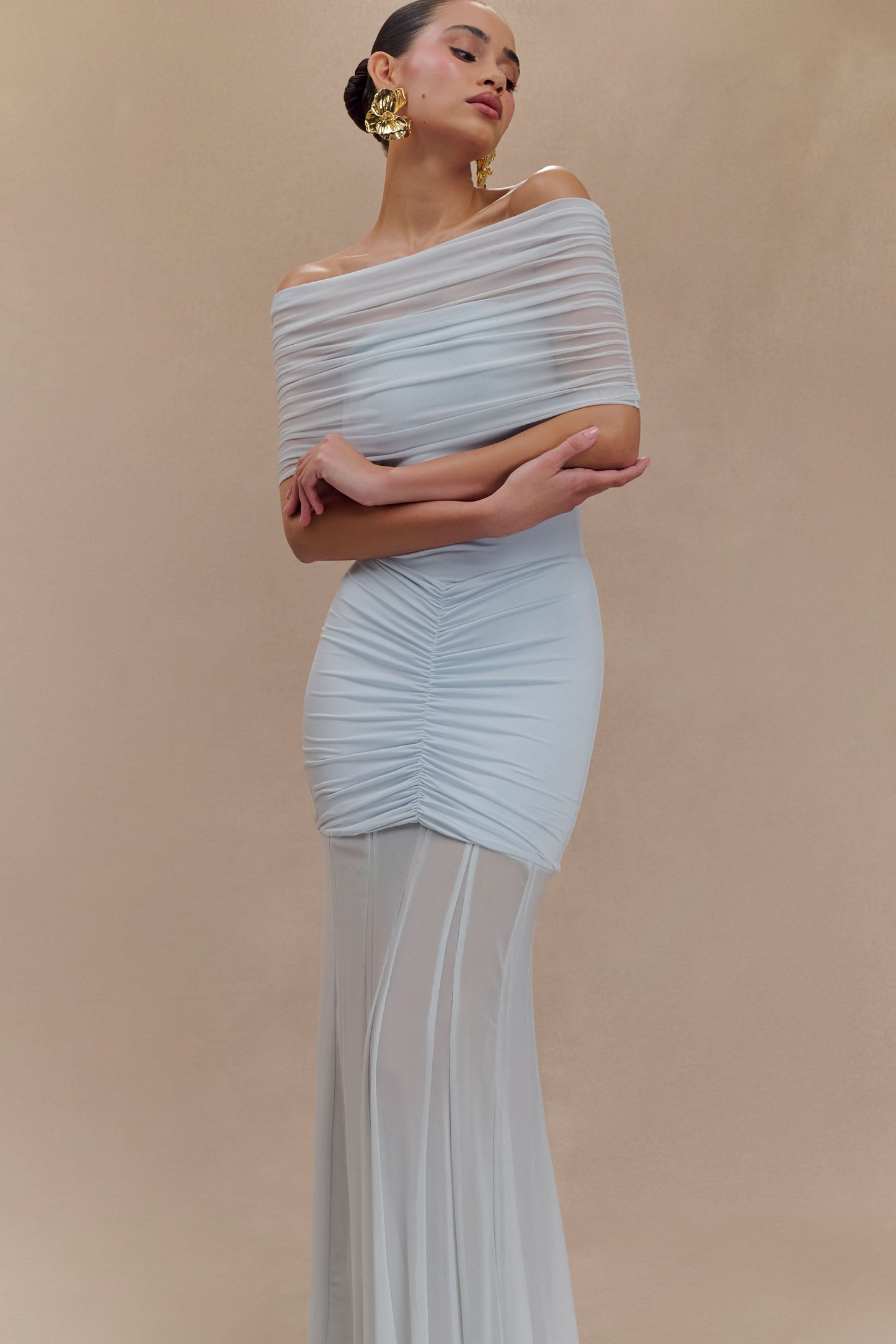 Light blue off-shoulder maxi dress with draped neckline and ruched waist detail