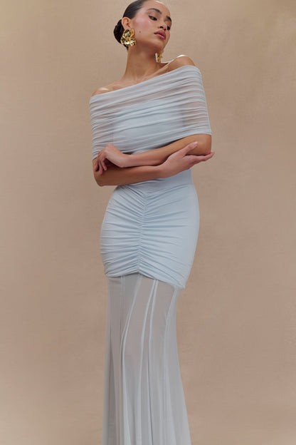 Light blue off-shoulder maxi dress with draped neckline and ruched waist detail
