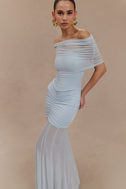 Light blue off-shoulder maxi dress close-up front showing ruched bodice detail