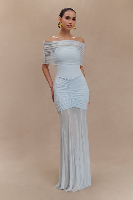 Light blue off-shoulder maxi dress with ruched bodice and flowing skirt