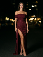CASSIANE | OFF SHOULDER SLIT MAXI DRESS - Burgundy Shimmer