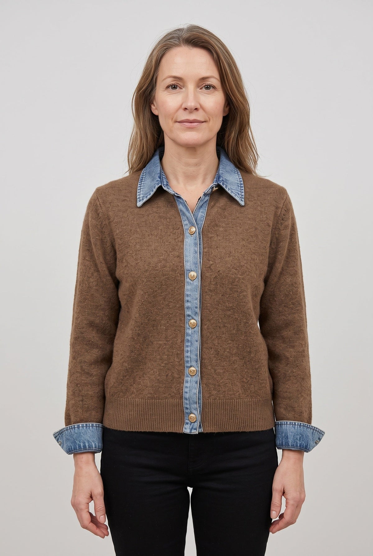 CATALEYA | DENIM-LOOK COLLAR CARDIGAN - Brown