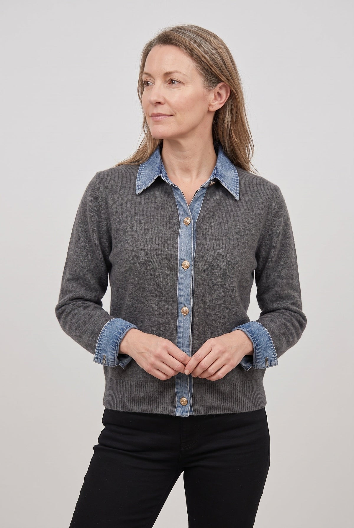 CATALEYA | DENIM-LOOK COLLAR CARDIGAN - Gray