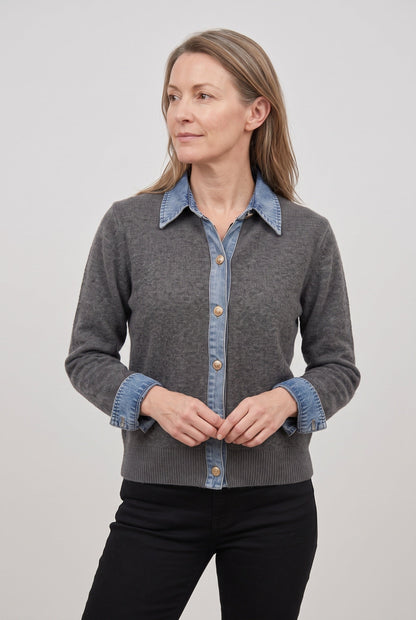 CATALEYA | DENIM-LOOK COLLAR CARDIGAN - Gray
