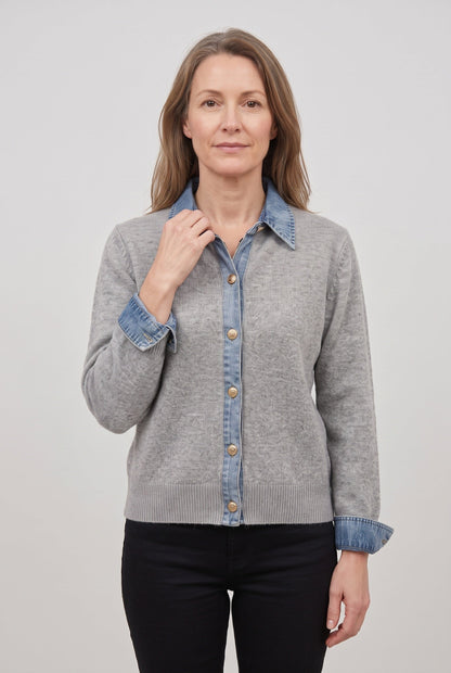 CATALEYA | DENIM-LOOK COLLAR CARDIGAN - Light Gray