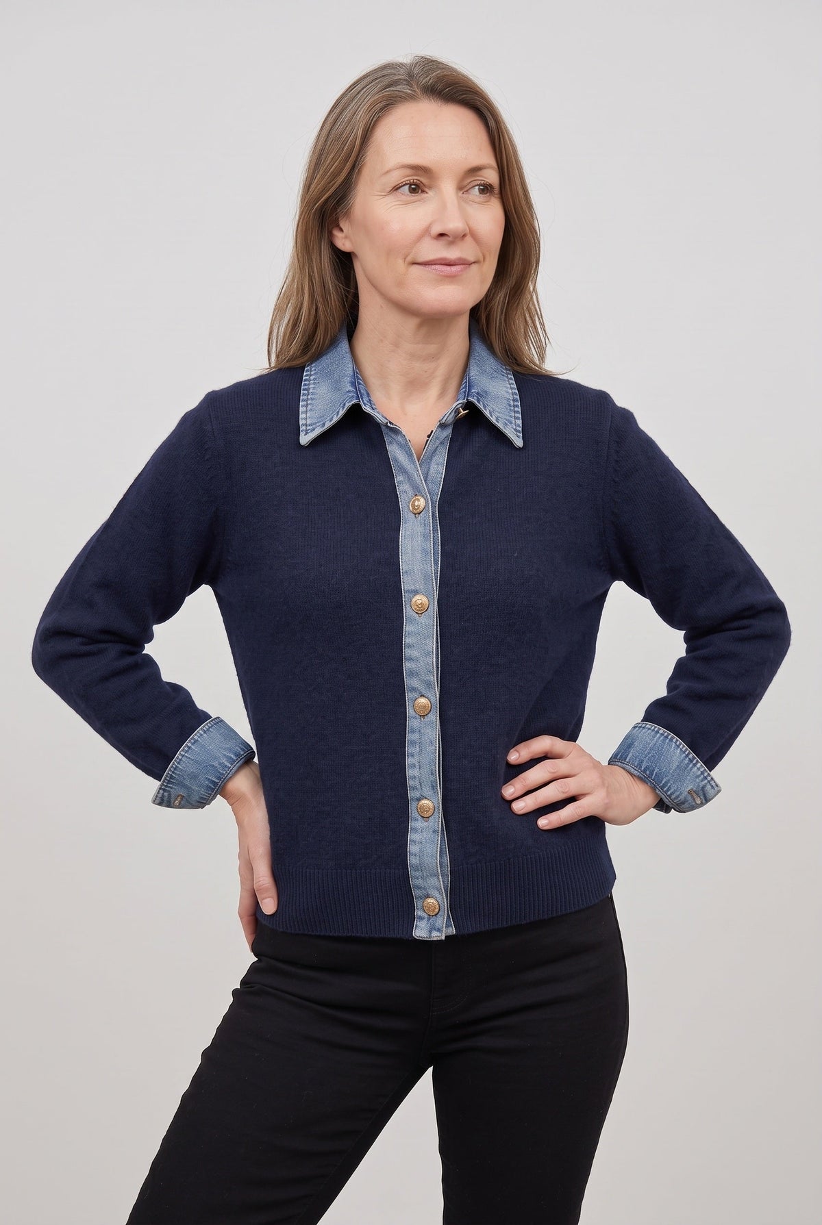 CATALEYA | DENIM-LOOK COLLAR CARDIGAN - Navy