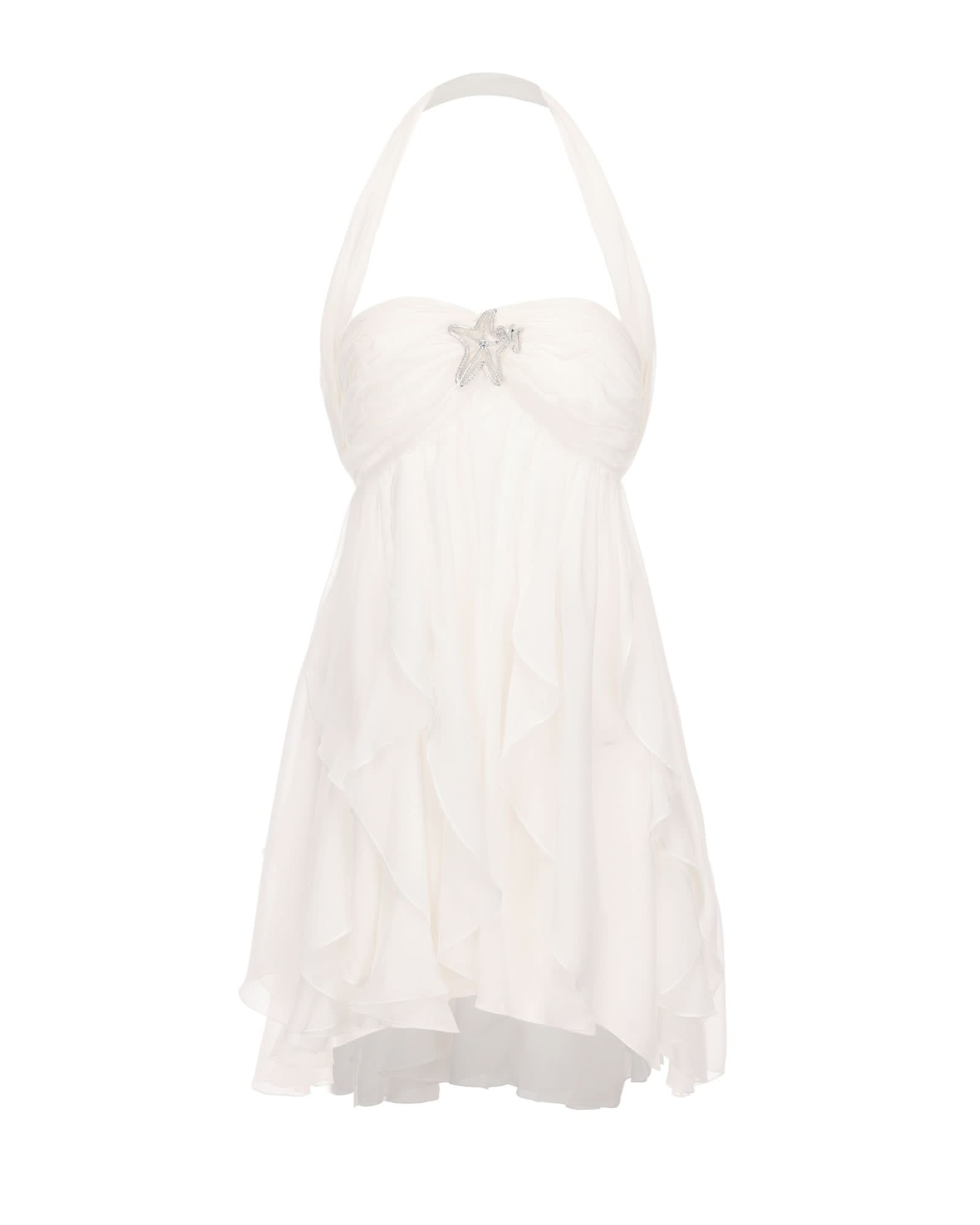 White halter mini dress with sweetheart neckline and star embellishment detail