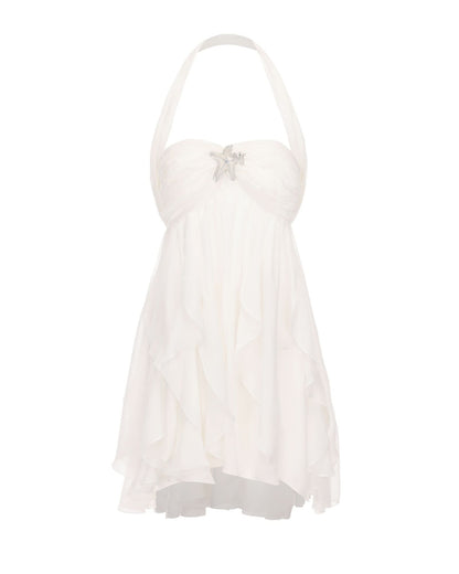 White halter mini dress with sweetheart neckline and star embellishment detail