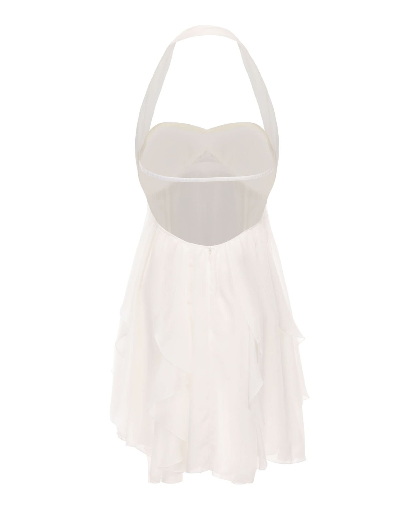 Back view of white halter mini dress showing open back cutout design