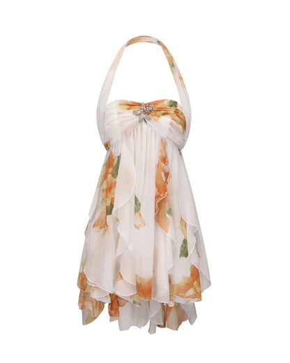 Full-length cream halter dress with orange floral pattern and layered handkerchief hem