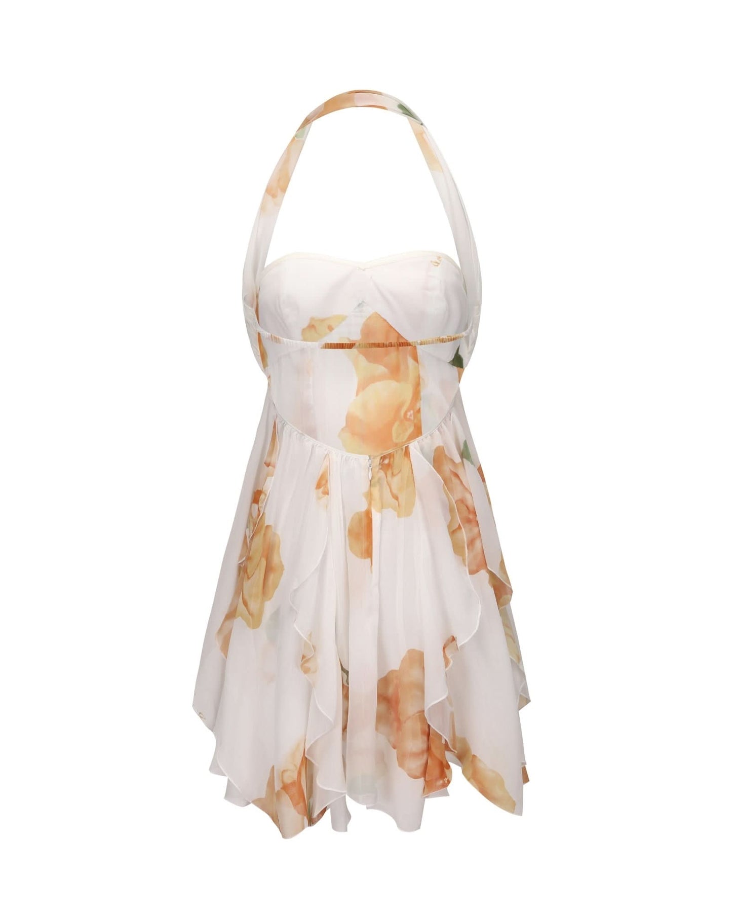 Back view of cream halter mini dress showing cutout and flowing floral layers