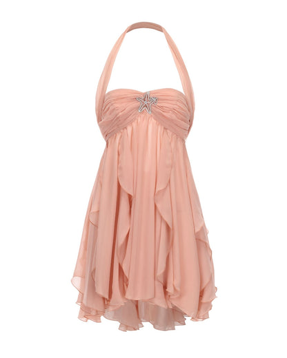 Peach halter mini dress with star buckle and layered chiffon ruffled hem