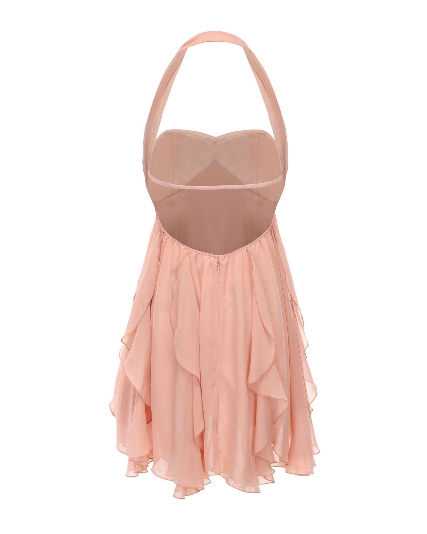 Cream halter mini dress with sweetheart neckline and flowing asymmetrical layers