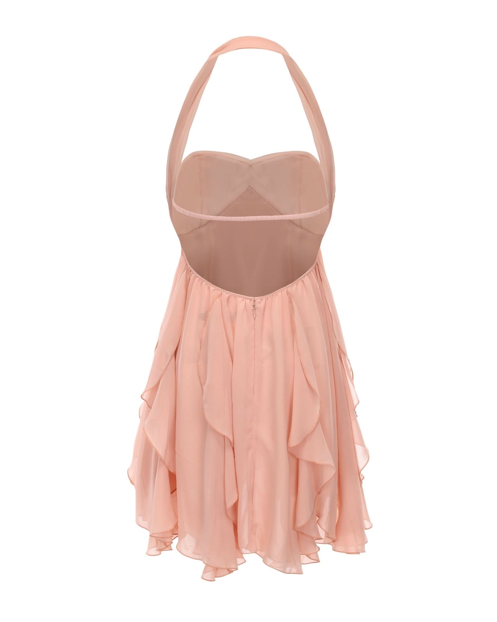 Cream halter mini dress with sweetheart neckline and flowing asymmetrical layers