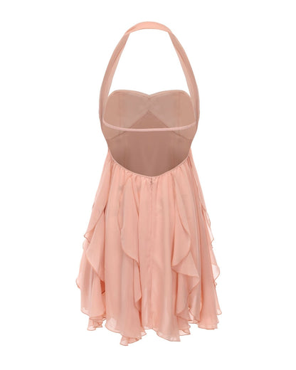 Cream halter mini dress with sweetheart neckline and flowing asymmetrical layers