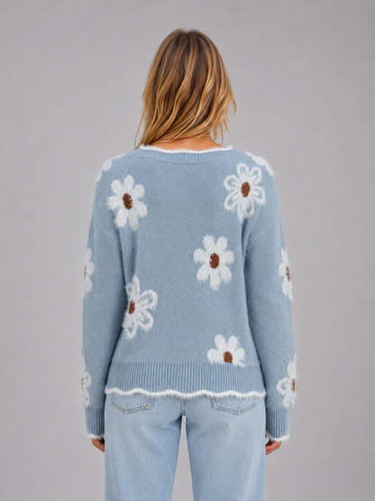 CATRIN | FLORAL V-NECK SWEATER - Light Blue Floral