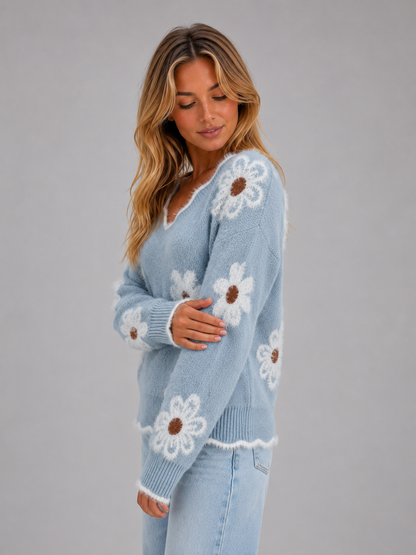 CATRIN | FLORAL V-NECK SWEATER - Light Blue Floral