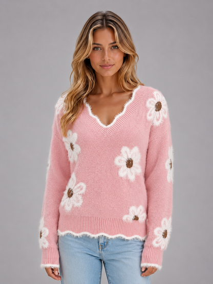 CATRIN | FLORAL V-NECK SWEATER - Pink Floral