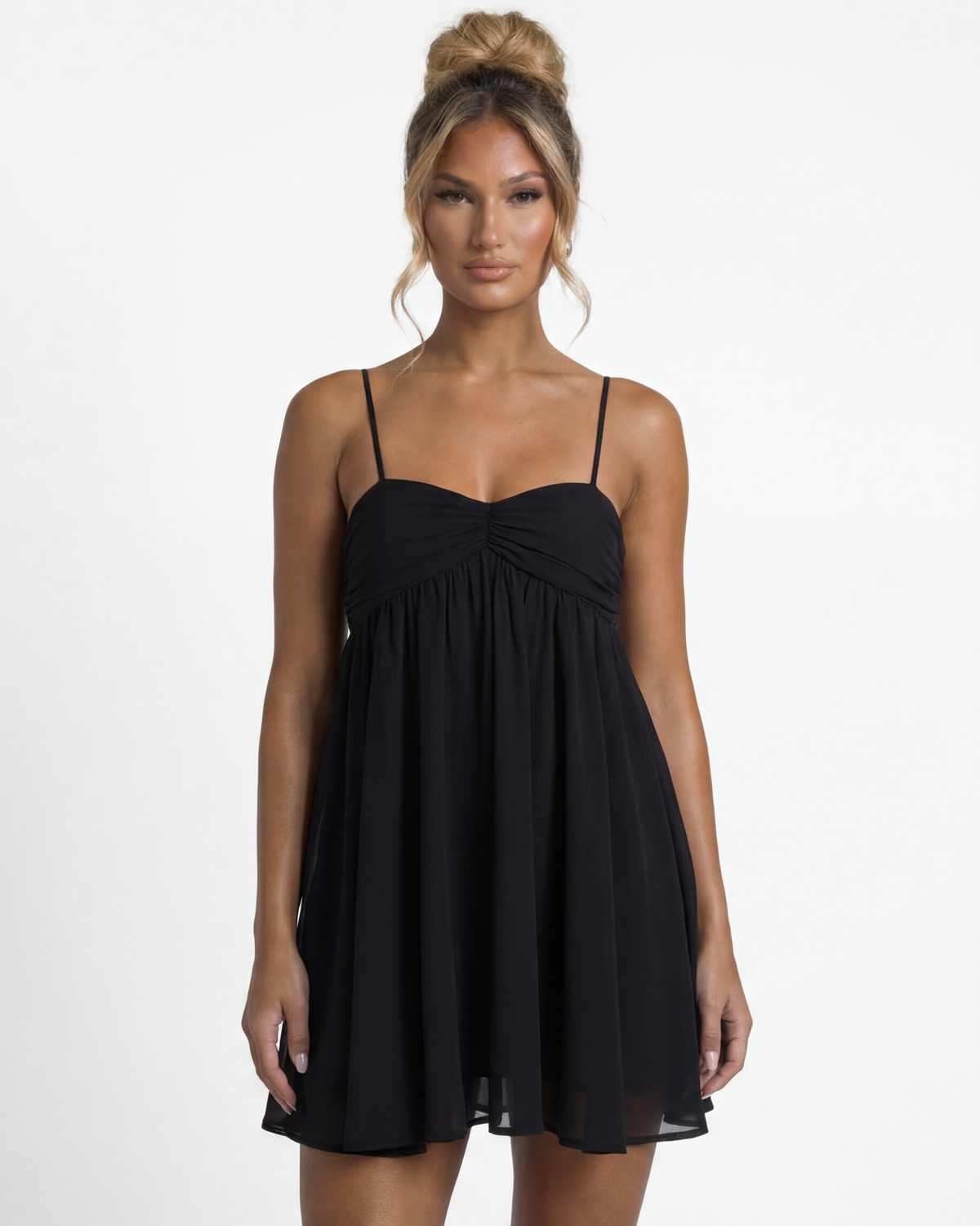 CECILY | RUCHED BUST BABYDOLL MINI DRESS - Black