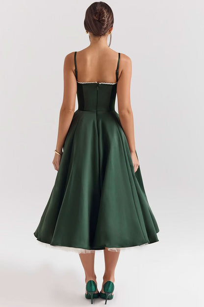 Rear view of forest green sweetheart midi dress with structured bodice