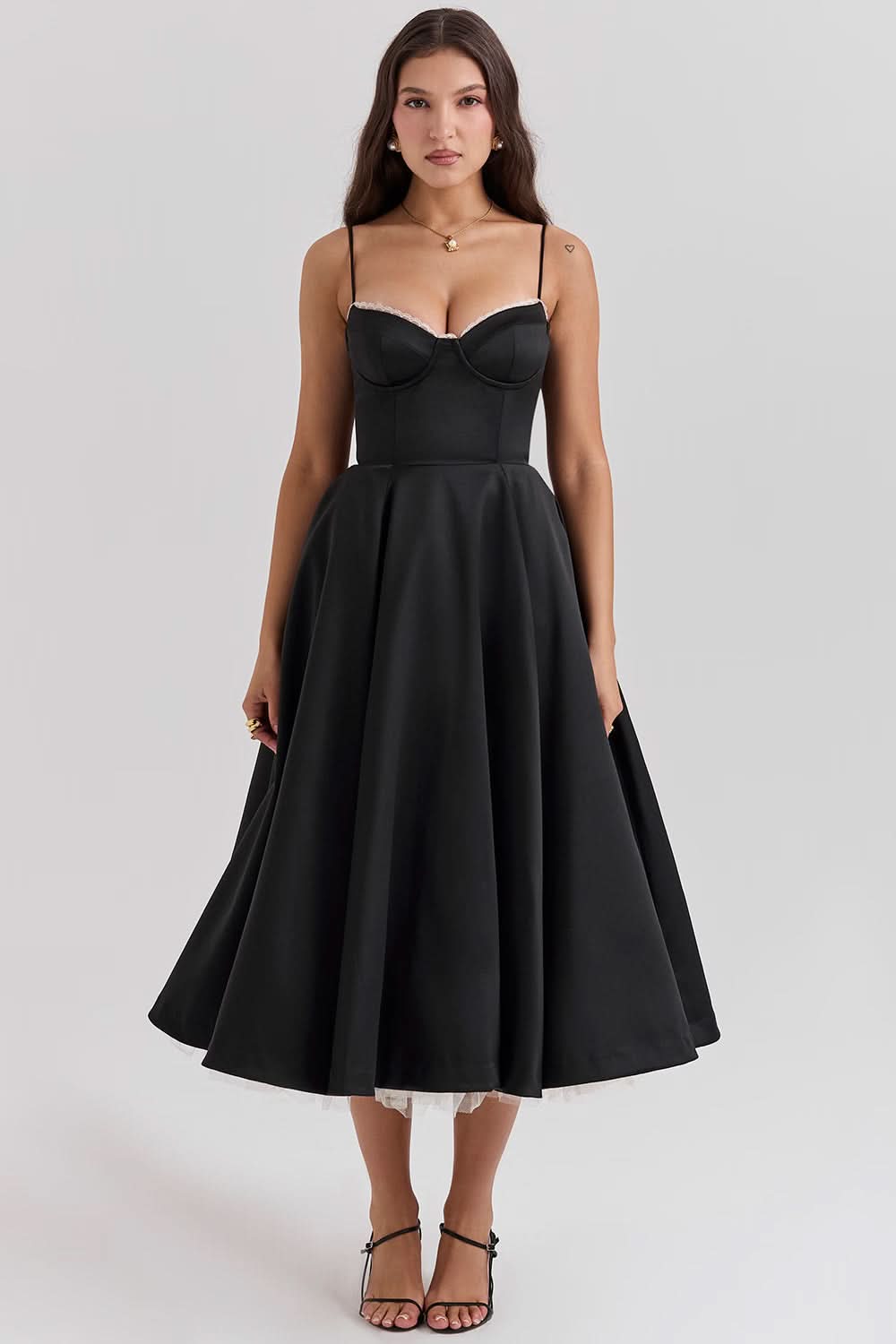 Black sweetheart neckline midi dress with full A-line skirt