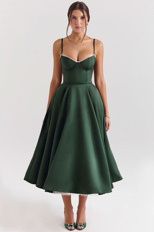 Forest green sweetheart neckline midi dress with full skirt
