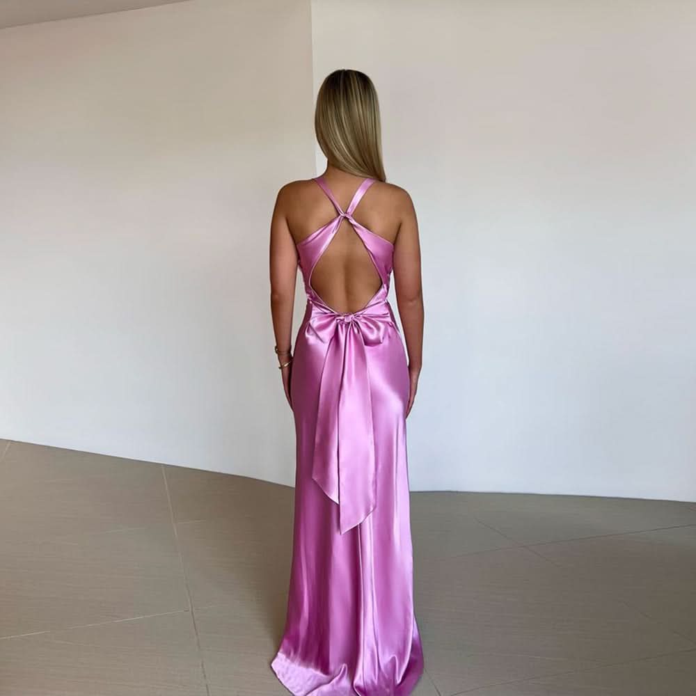 Lavender maxi dress with crisscross back straps and tied bow at lower back